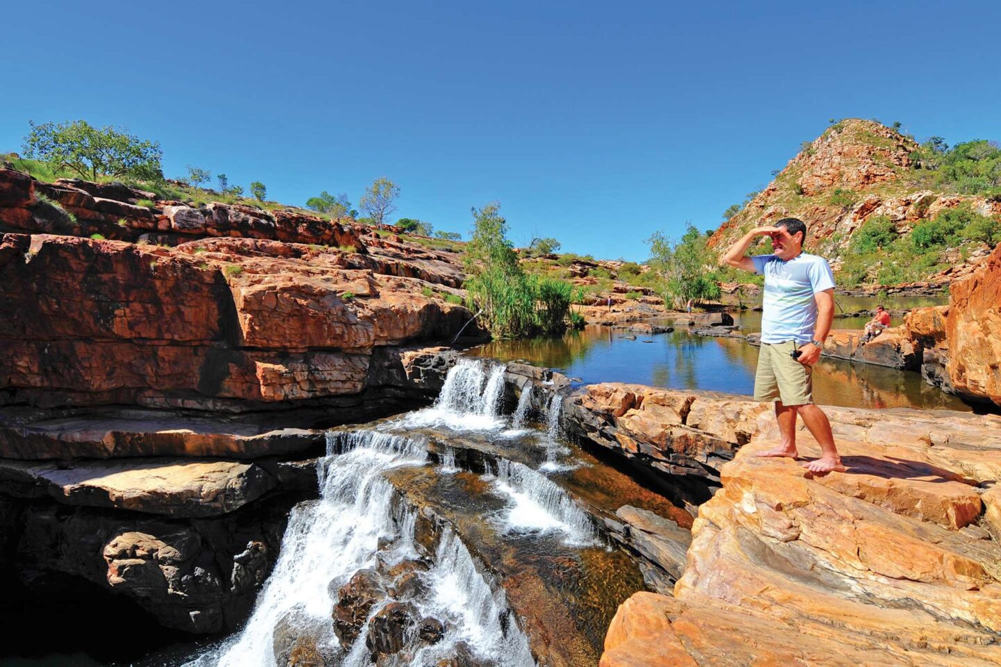 western austalia kimberley admiring a waterfall apt