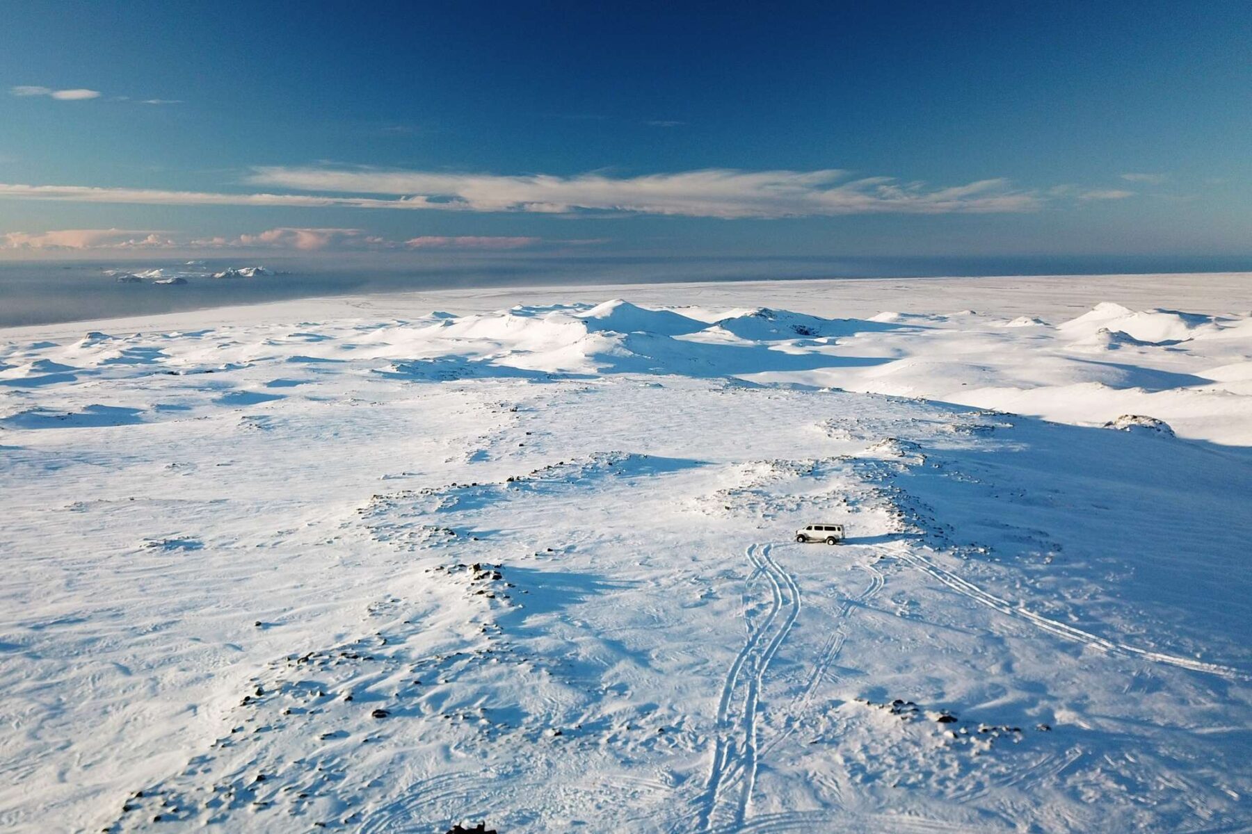 iceland aerial view over eyjafjallajokull with superjeep sca